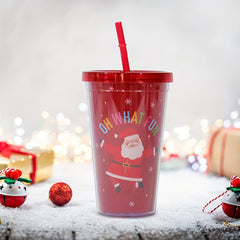 Red Double Layer Plastic Cup With Straw - 710ml Capacity