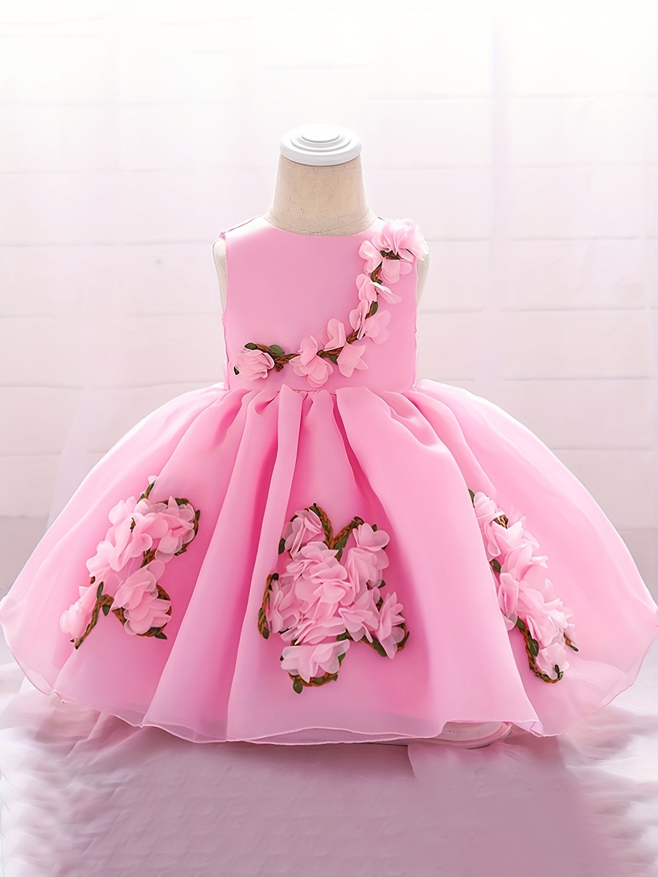Baby Girl 1st Birthday Puffy Dress with Flower Decors