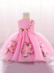 Baby Girl 1st Birthday Puffy Dress with Flower Decors