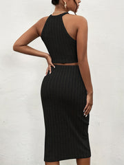 Ribbed Halter Neck Crop Tank Top & Skirt 2 Piece Set