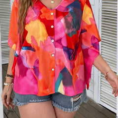 Colorblock Floral Print V Neck Top