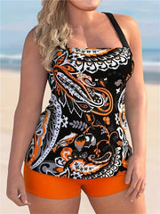 Boho Tankini Set Paisley Print Square Neck Cami Top & Shorts Swimsuit