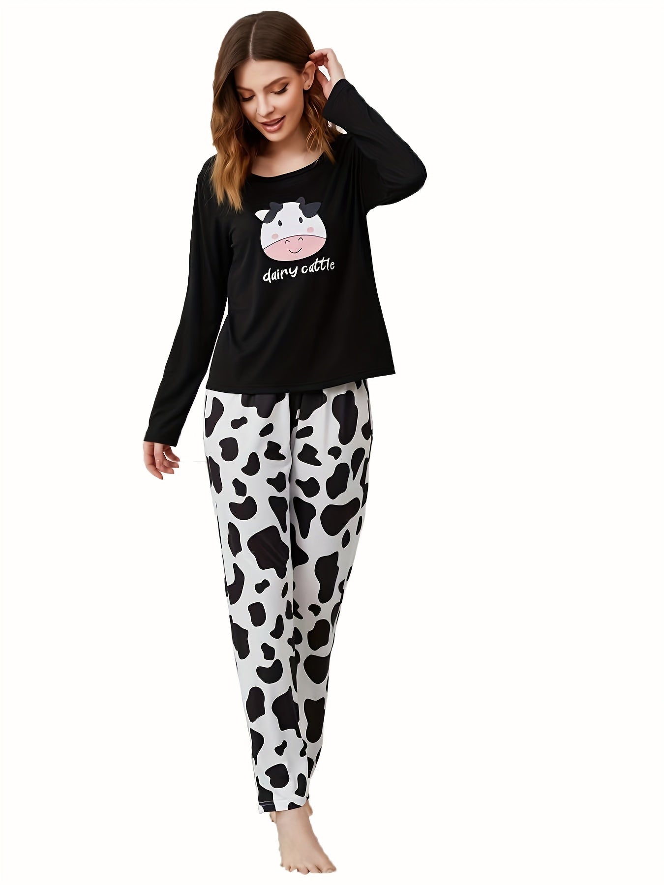 Cow Print Lounge Set Crew Neck Top & Pants Women's Loungewear