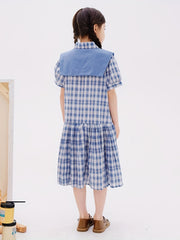 Girl's Cotton Plaid One piece Dress Casual Puff Sleeve Lapel Princess Dress