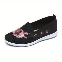 Women's Floral Embroidery Slip-On Flats Breathable Knitted Shoes