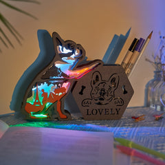 French Bulldog 3D Wooden Carving LED Night Light Pencil Holder