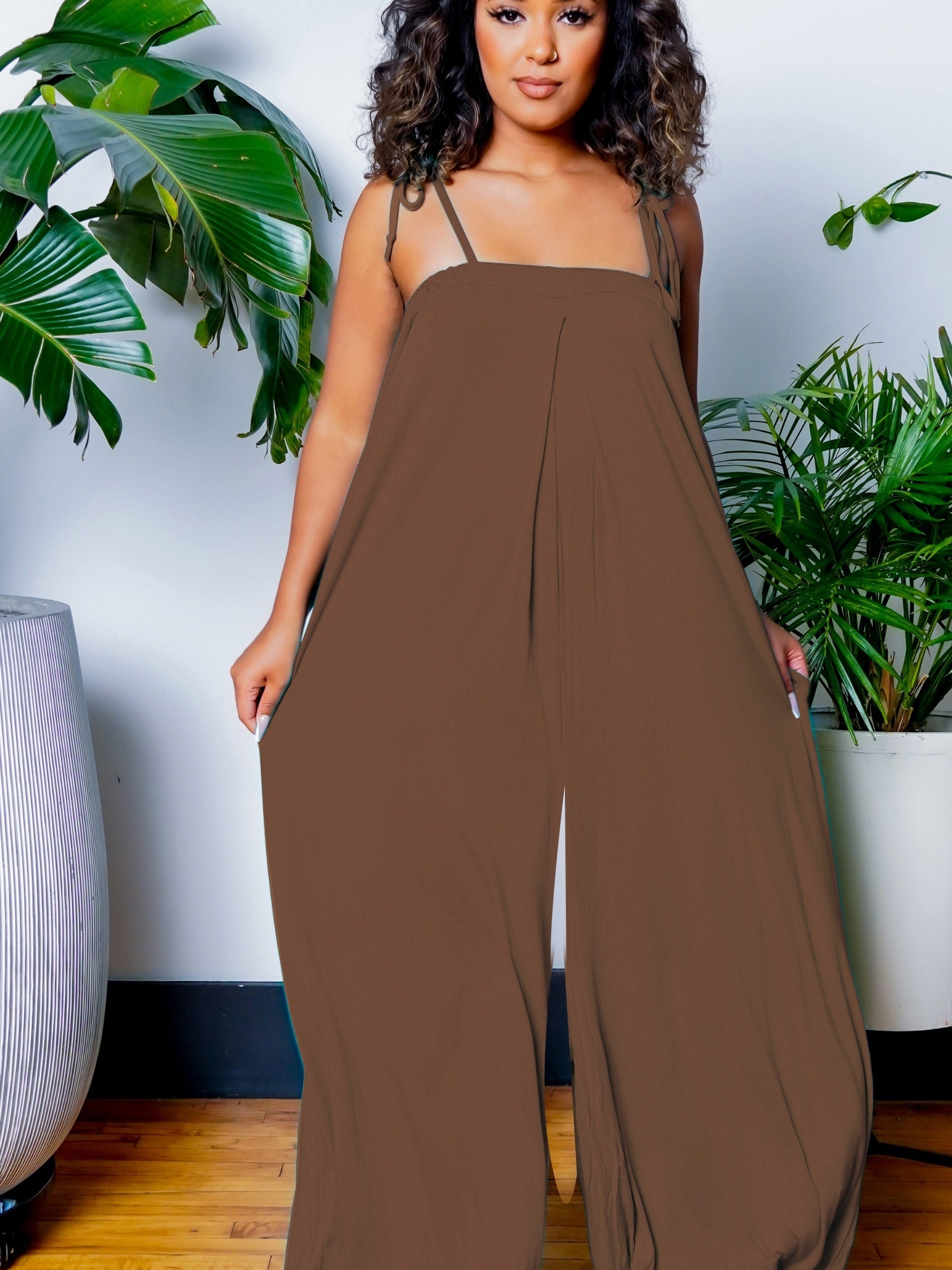Solid Spaghetti Jumpsuit Casual Sleeveless Ruched Summer Loose Jumpsuit