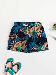 Girls Hawaiian Shorts Tropical Leaves Print Elastic Waist Beach Shorts