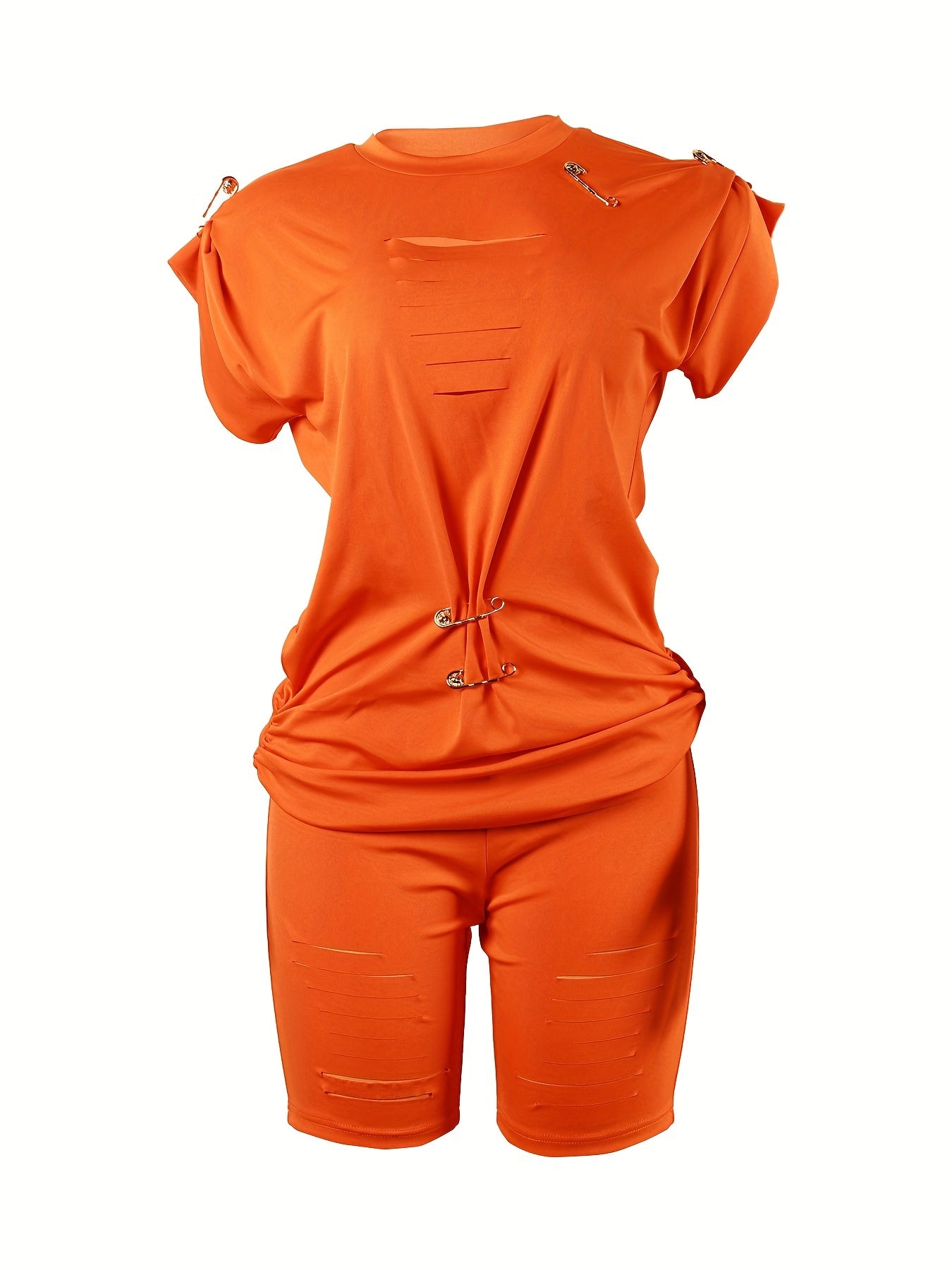 Ripped Pin Decor 2 Pc Set Crew Neck Tops & Slim Shorts Outfit