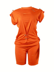 Ripped Pin Decor 2 Pc Set Crew Neck Tops & Slim Shorts Outfit