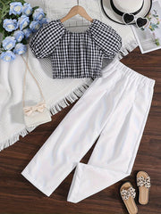 Girls Checkerboard Puff Sleeve T shirt & Pants Set For Summer