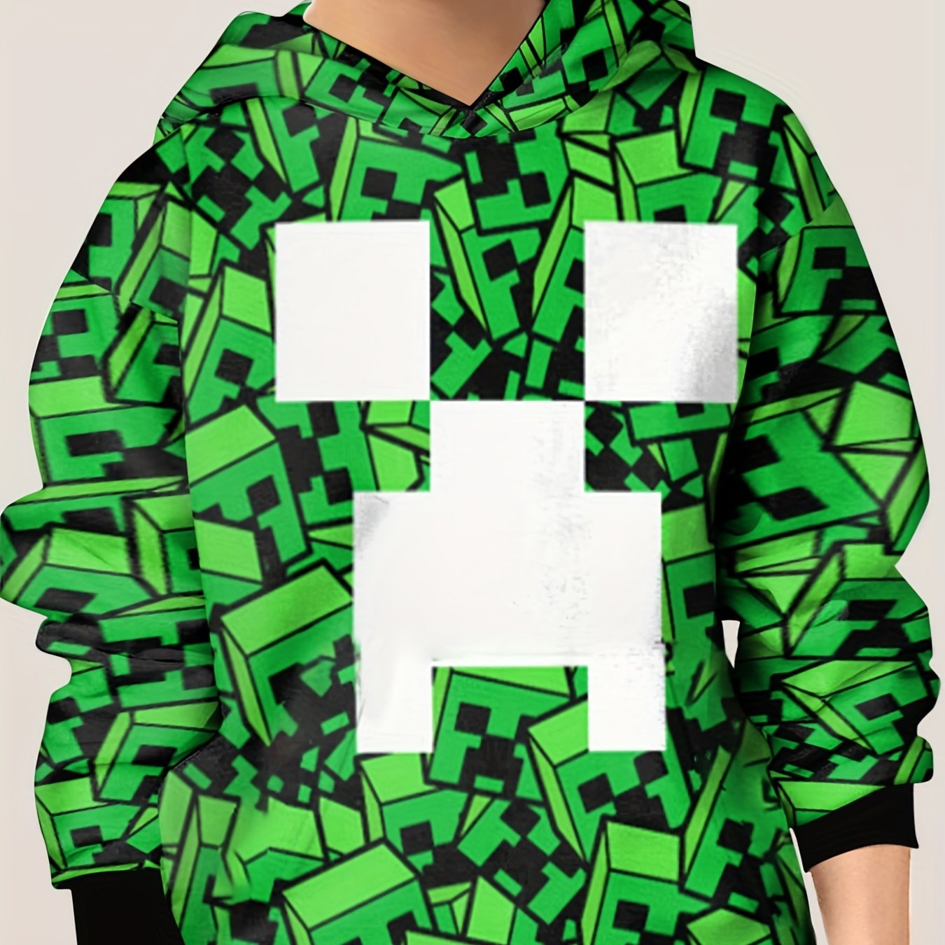 Pixel Square Print Hoodie Boys Loose Comfy Long Sleeve Hooded Sweatshirt