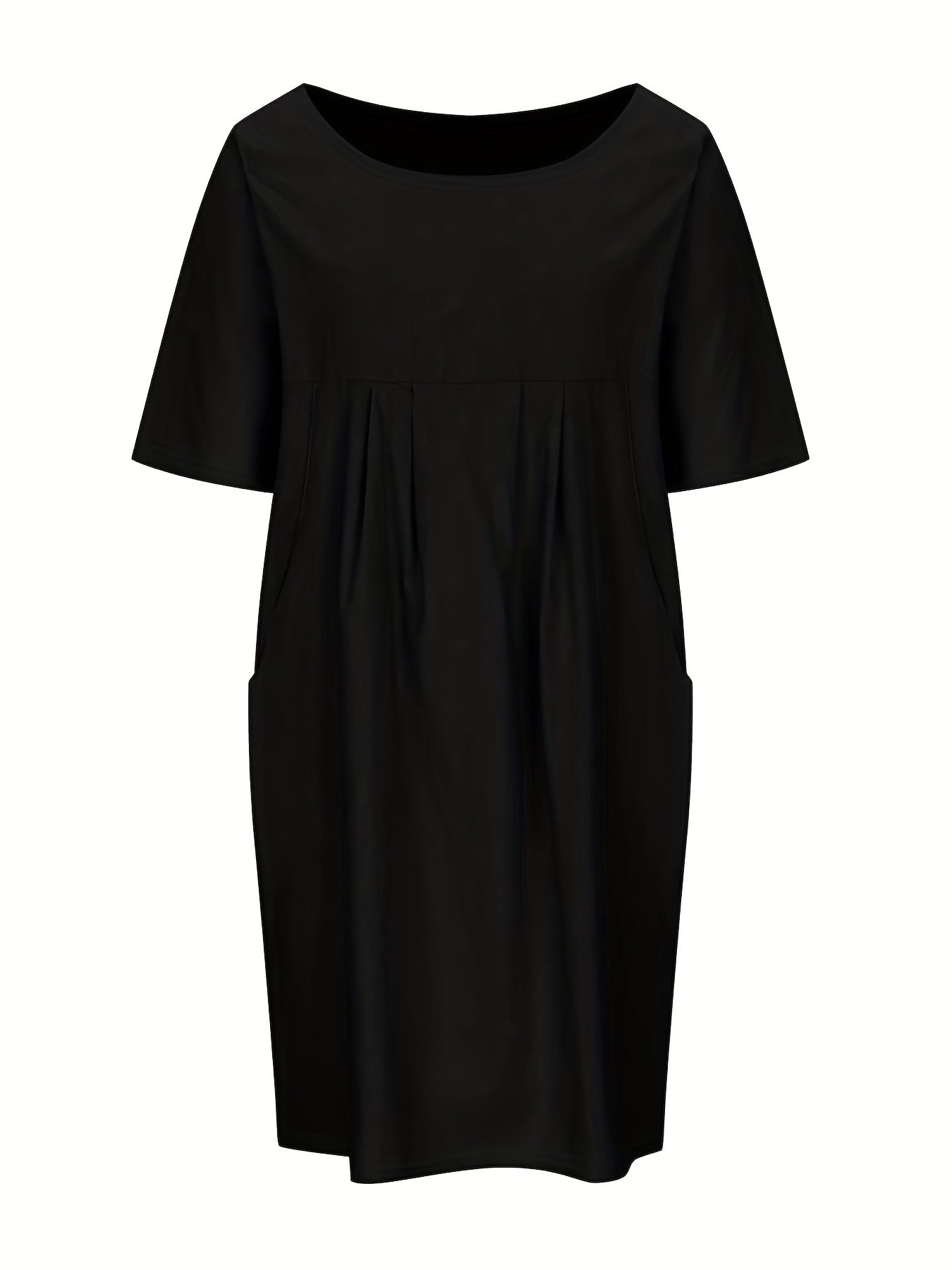 Solid Short Sleeve Round Neck Pleated Dress With Pockets