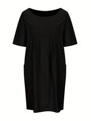 Solid Short Sleeve Round Neck Pleated Dress With Pockets