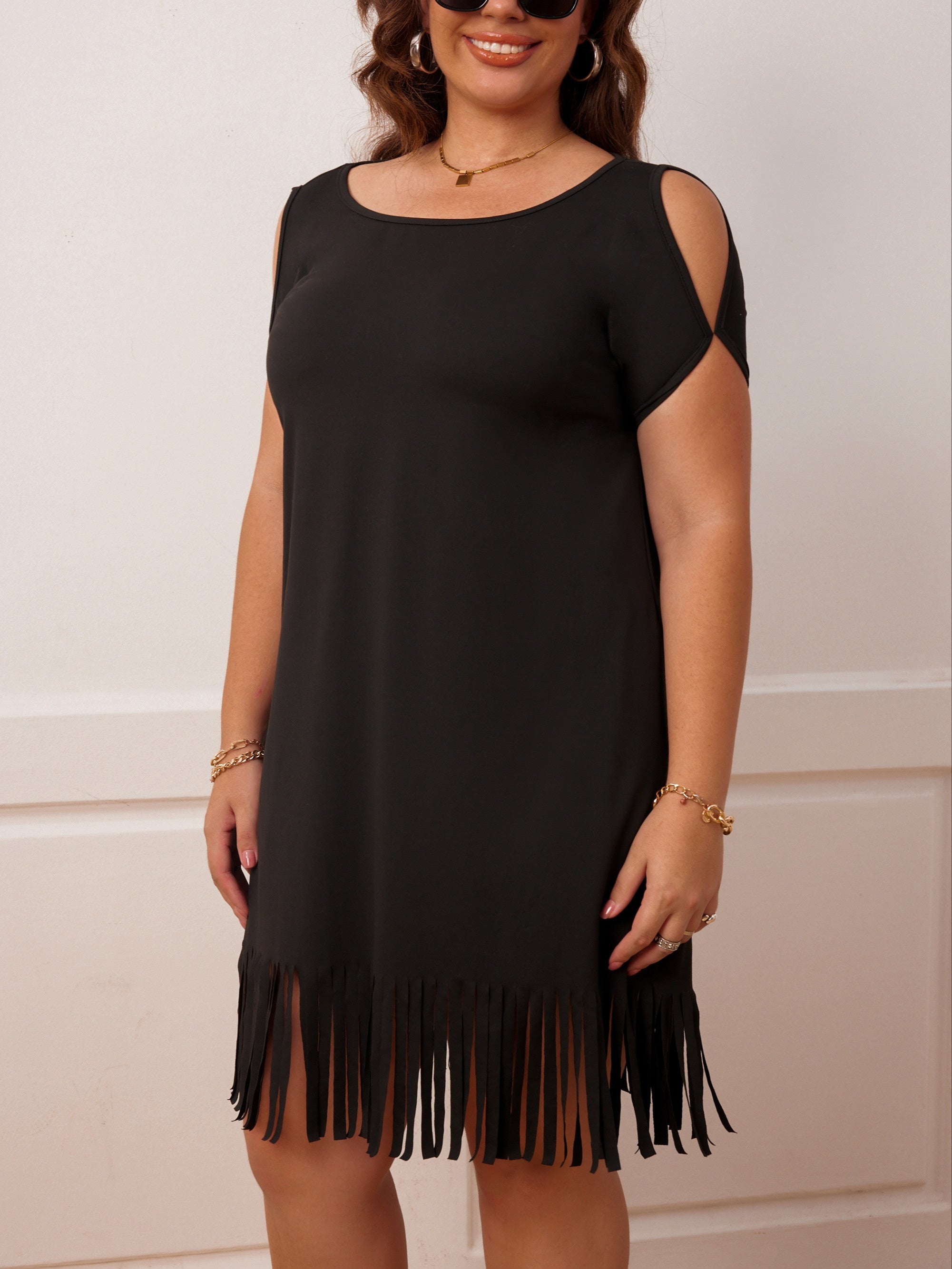 Casual Dress Women's Fringe Trim Cut Out Sleeve Round Neck
