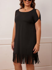 Casual Dress Women's Fringe Trim Cut Out Sleeve Round Neck