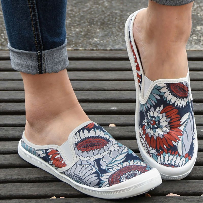 Women's Floral Print Flat Mules Closed Toe Slip On Canvas Shoes