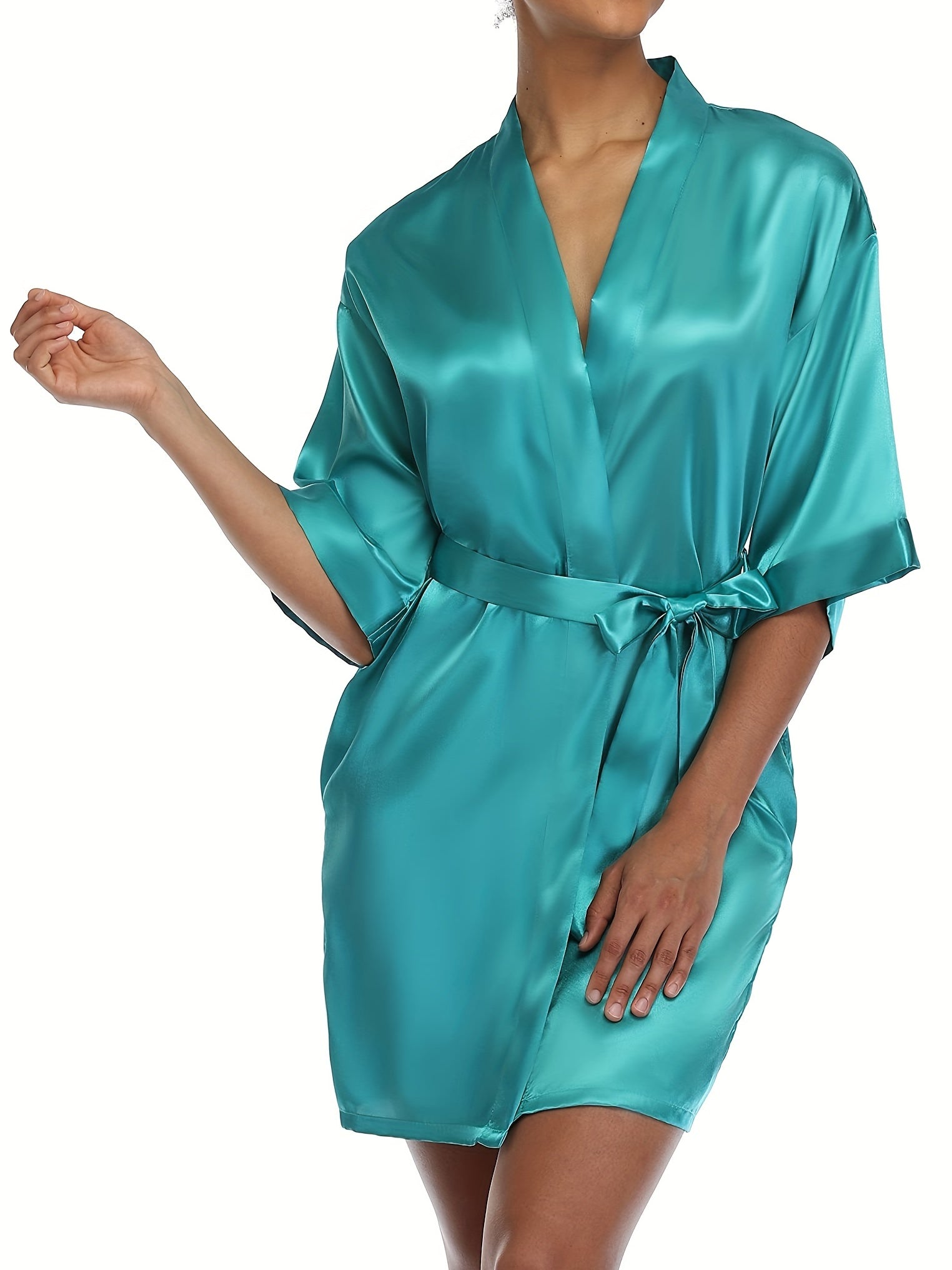 Satin Night Robe 3/4 Sleeve V Neck Robe Women's Sleepwear