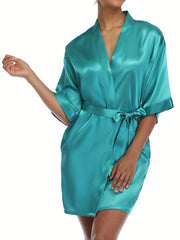 Satin Night Robe 3/4 Sleeve V Neck Robe Women's Sleepwear