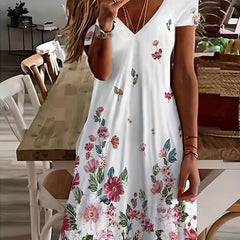 Floral Print V Neck Casual Dress Short Sleeve Summer Spring Women's Clothing