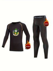 2pcs Kids Compression Fleece Sets Cat Pattern Crew Neck Pullover Pants