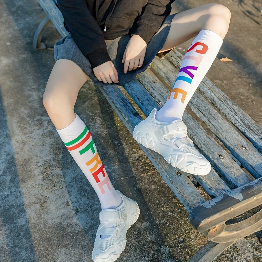 Letter Print Calf Socks Comfy Sports Knee High Socks Women's Stockings