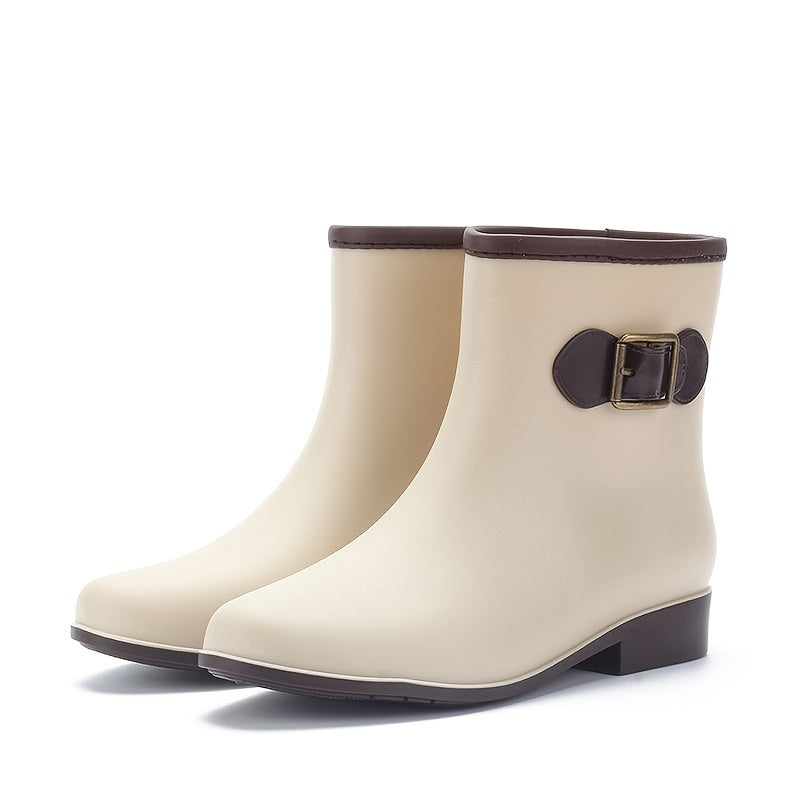 Women's Low Heel Rain Boots Round Toe Slip On Waterproof Shoes