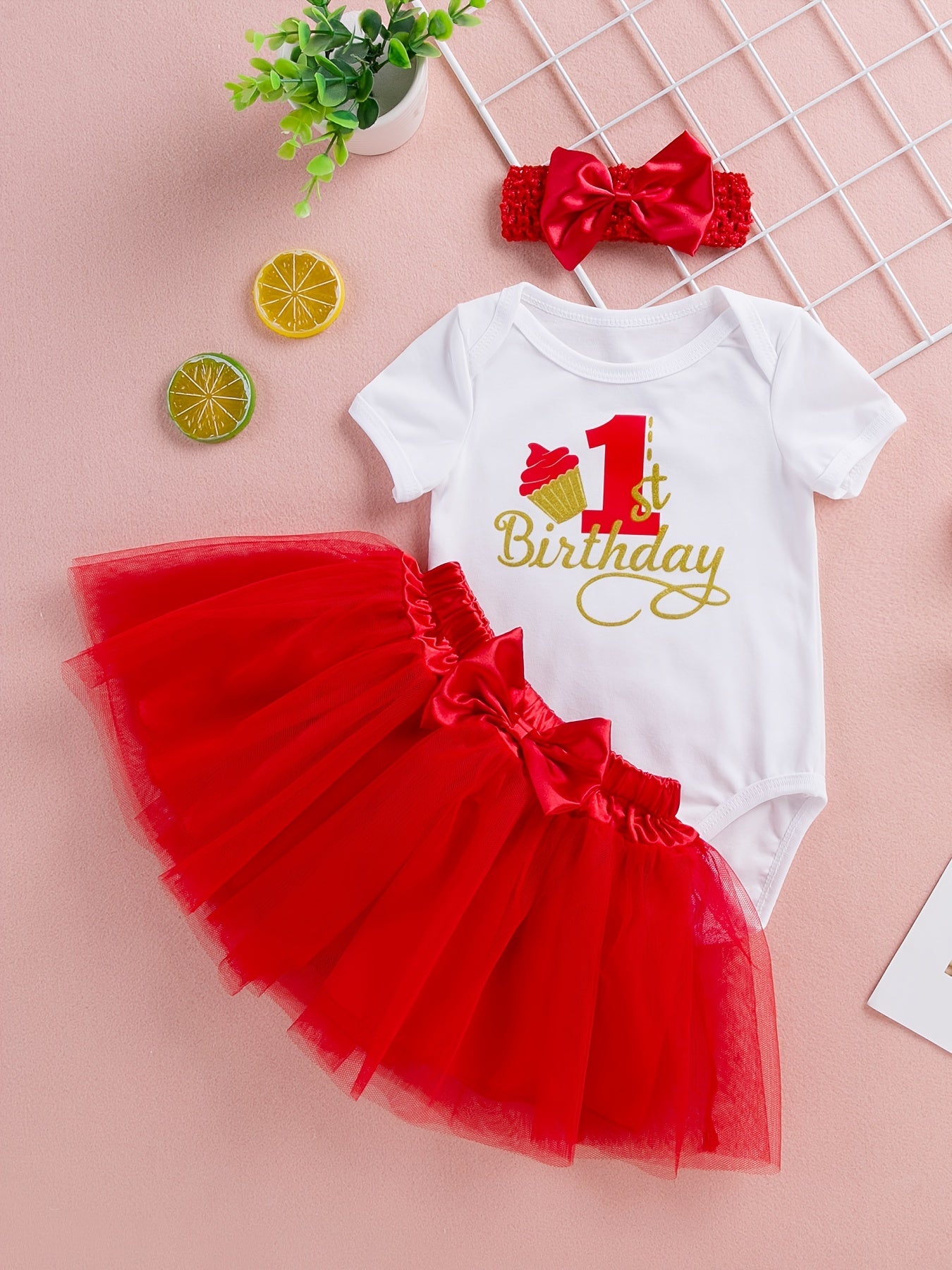 3pcs Baby Girls 1st Birthday Onesie & Mesh Skirt Set