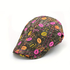Lips Print Hip Hop Beret Washed Distressed Lightweight Painter Cap