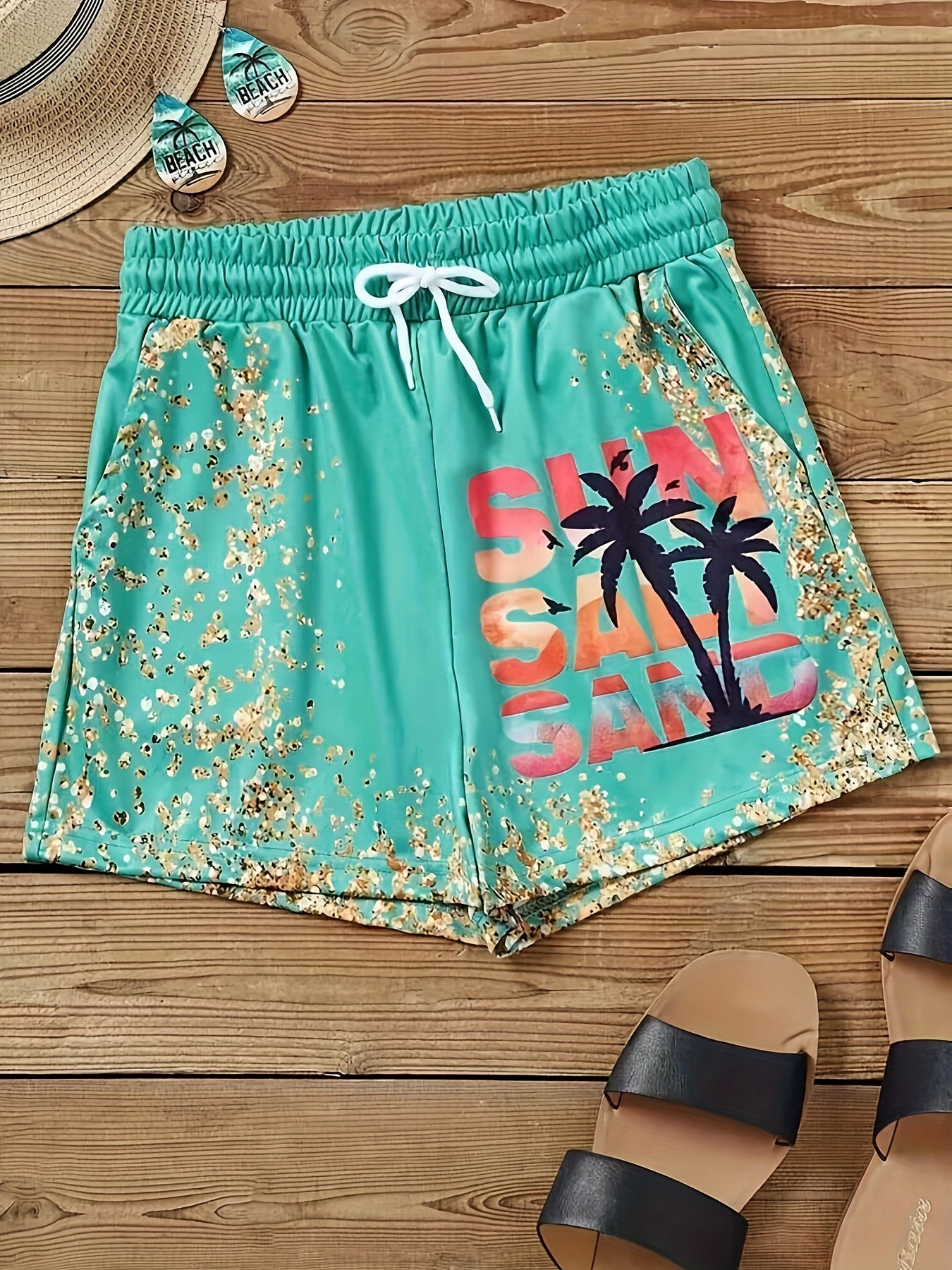 Coconut Tree & Letter Drawstring Shorts for Women