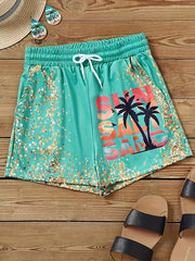Coconut Tree & Letter Drawstring Shorts for Women