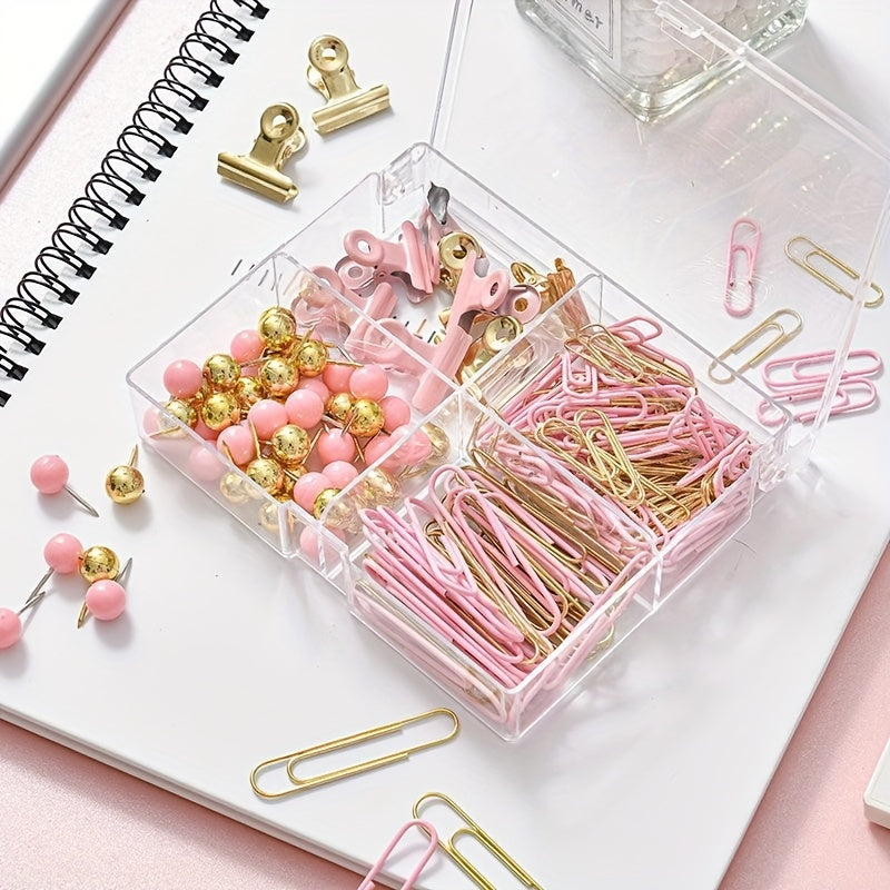 Golden Pu Stationery Set: 10 Macaron Clips, 50 Earth Nails, 100 Pins