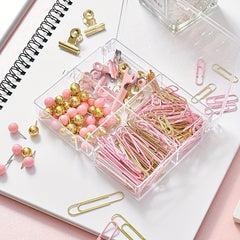 Golden Pu Stationery Set: 10 Macaron Clips, 50 Earth Nails, 100 Pins