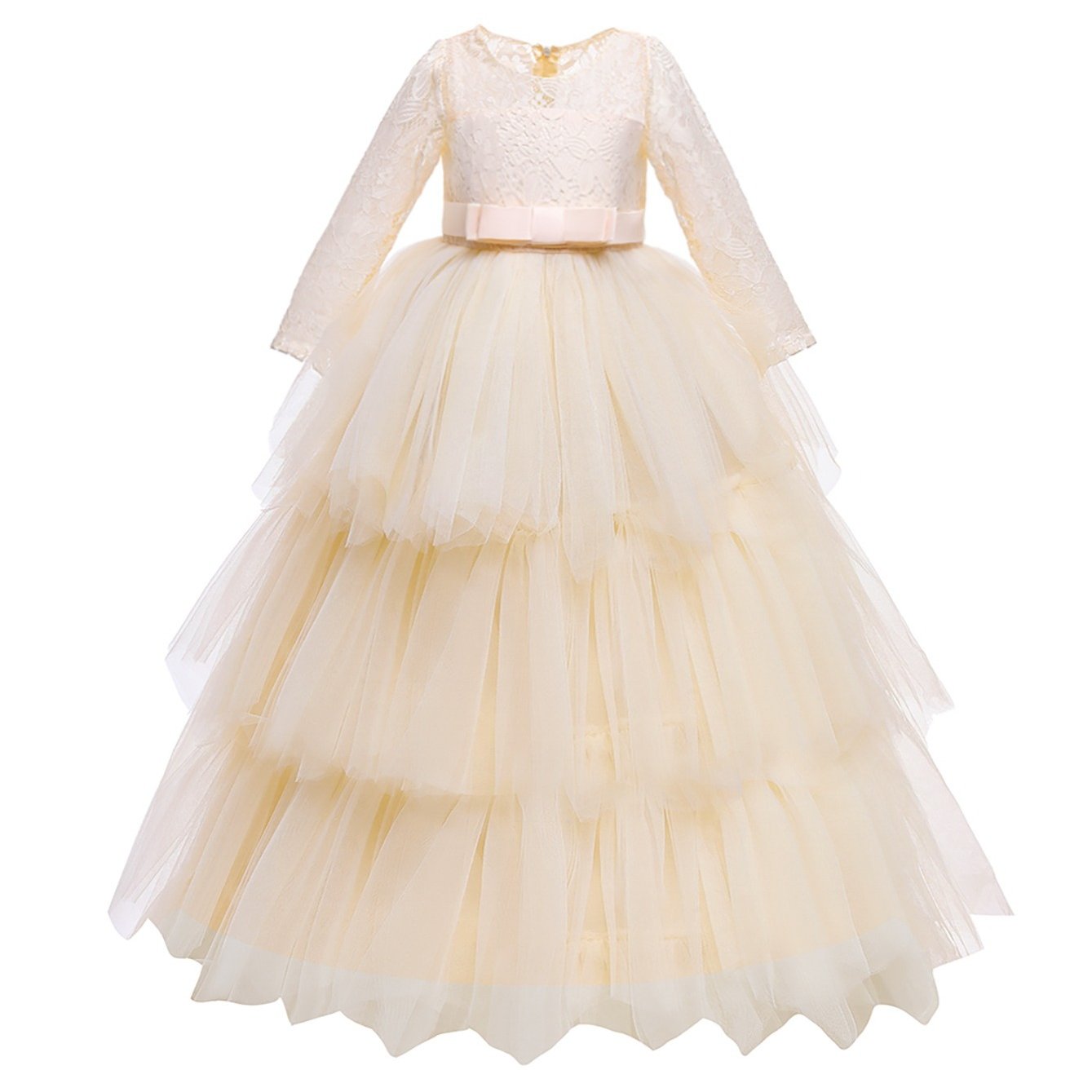 Mesh Puffy Princess Dress Girls Lace Long Sleeve Wedding Dress