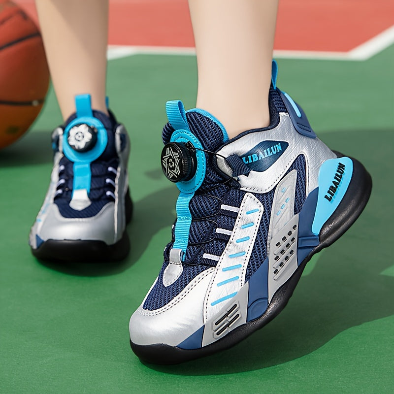 Boy's Basketball Shoes With Rotating Buckle Non Slip Sneakers
