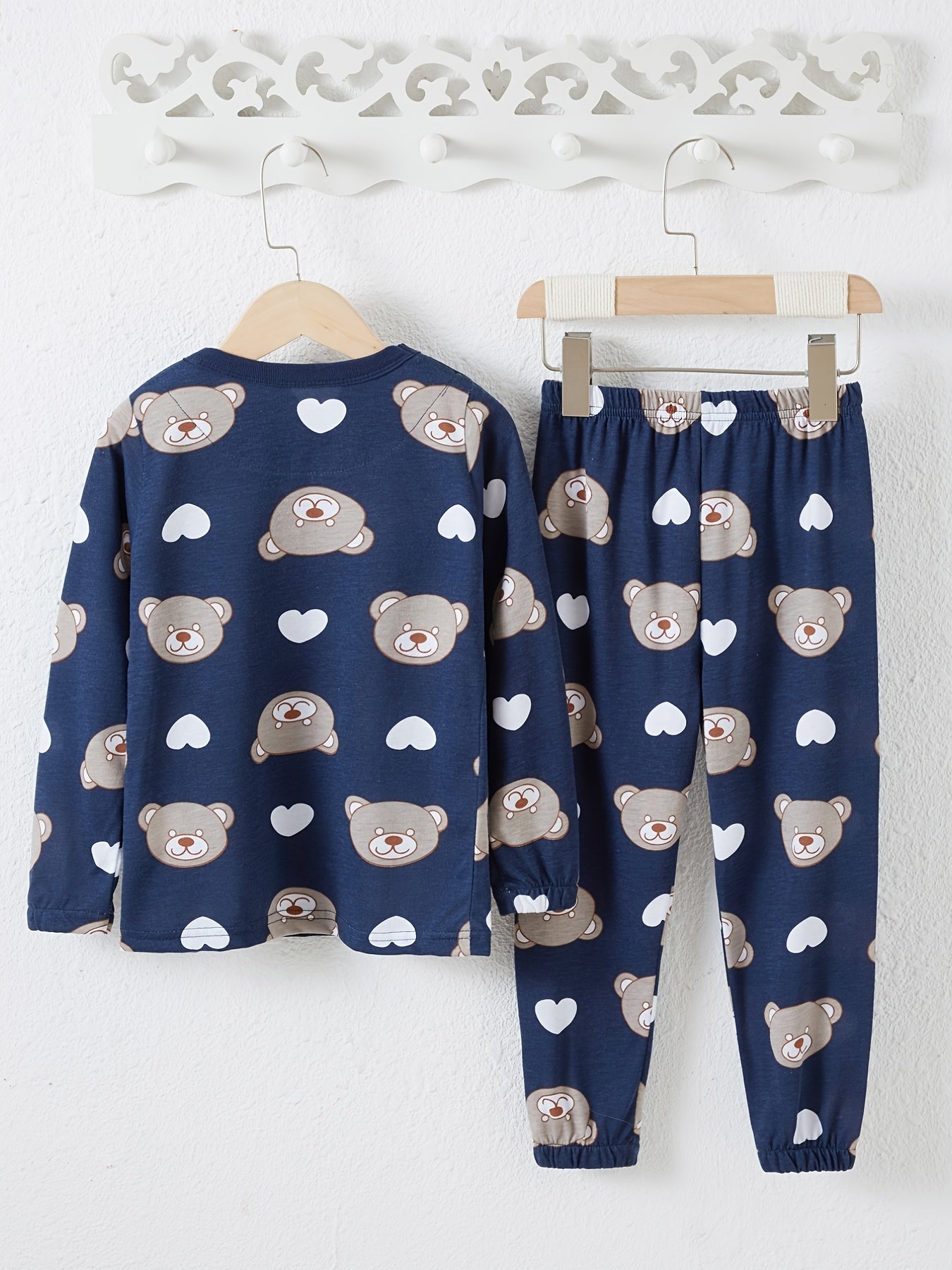 Heart Bear Print Baby Pajamas Set Top & Pants Crew Neck Long Sleeve Cotton