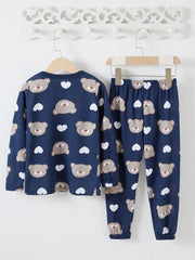 Heart Bear Print Baby Pajamas Set Top & Pants Crew Neck Long Sleeve Cotton