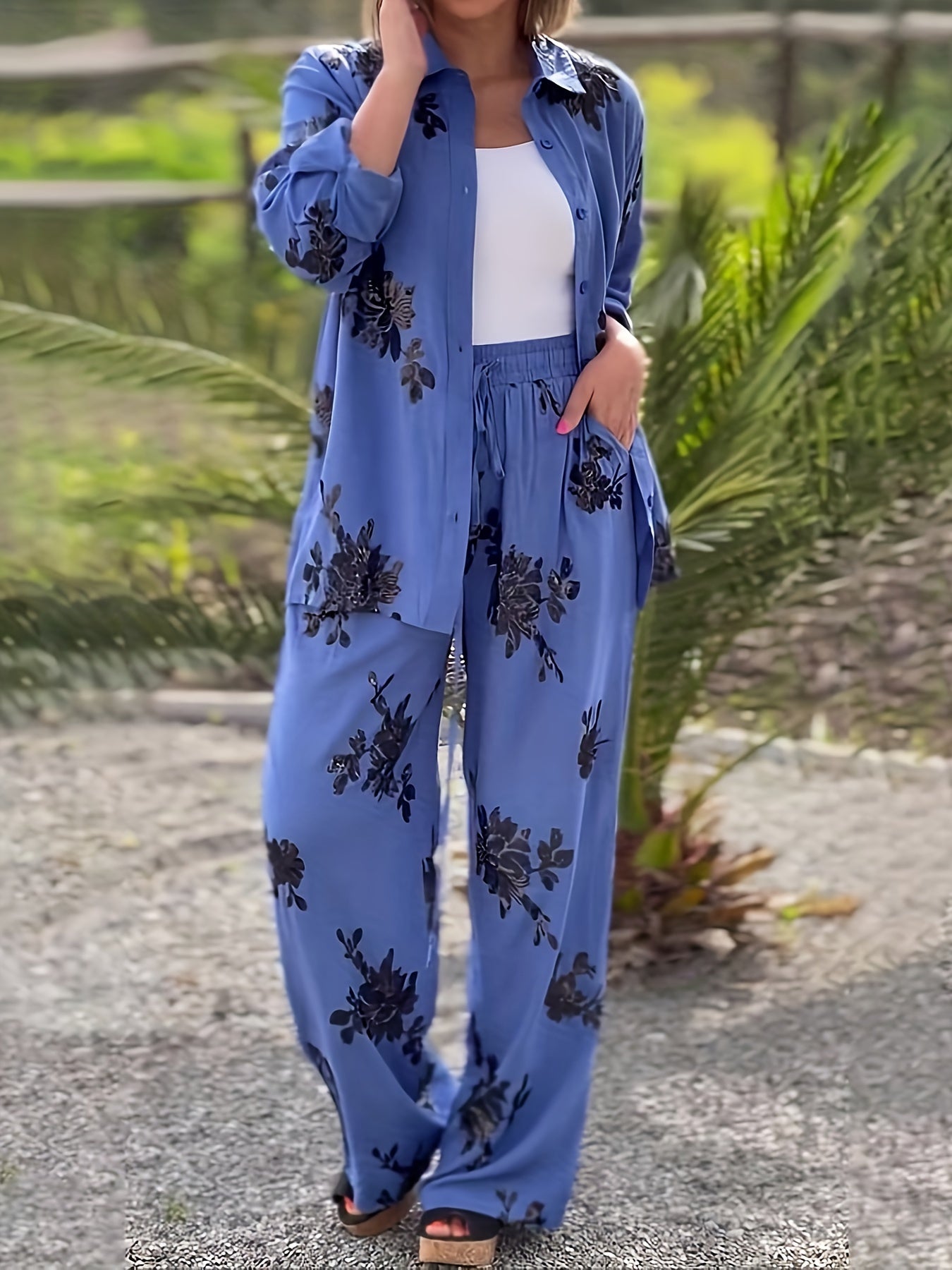 Women's Floral Print Blouse & Wide Leg Pants Set