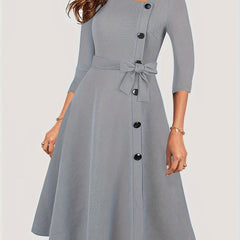 Solid Button Half Sleeve Midi Dress With Belt