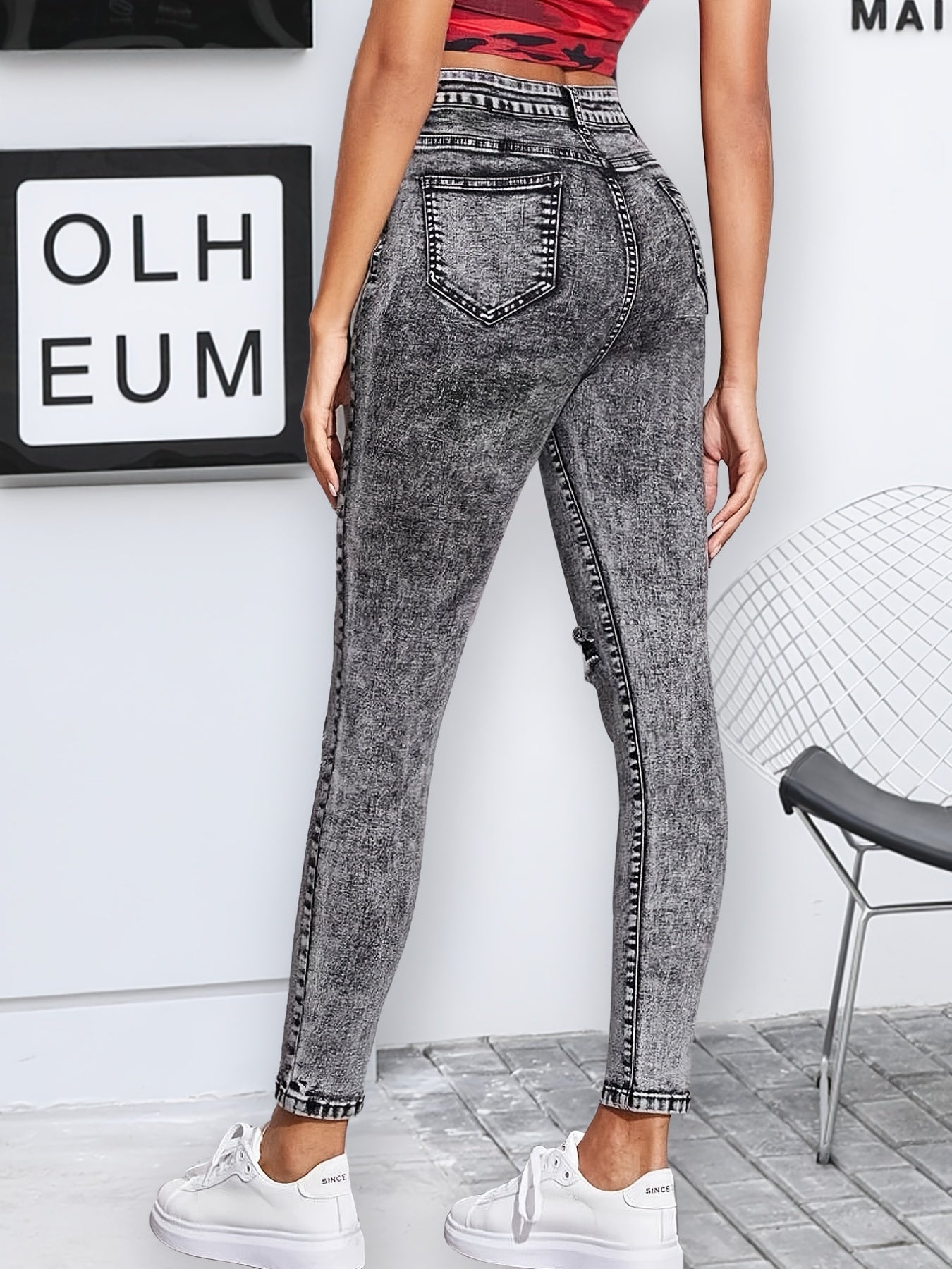 Grey Snowflake Fabrics Skinny Jeans Ripped Knee High Rise Cropped Denim Pants