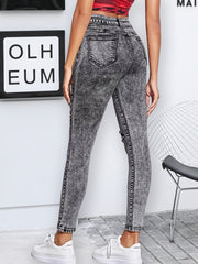 Grey Snowflake Fabrics Skinny Jeans Ripped Knee High Rise Cropped Denim Pants