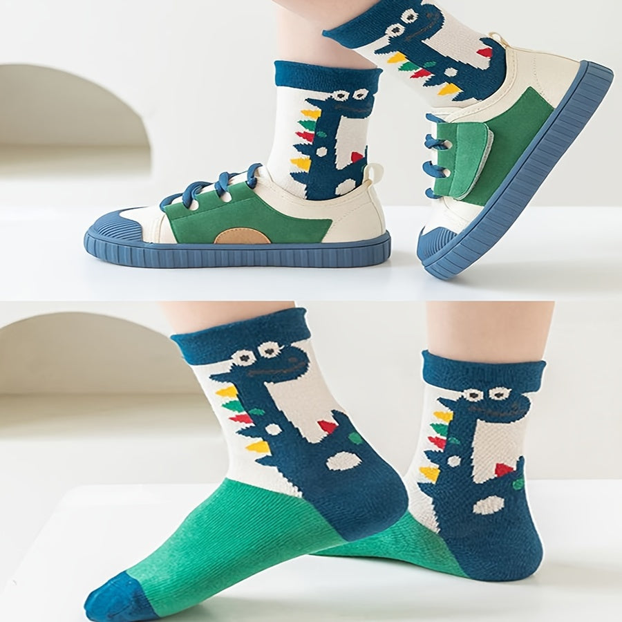 5 Pairs Boy's Dinosaur Cartoon Crew Socks Breathable Comfy Casual Style Unisex