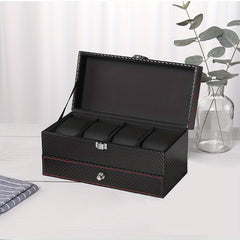 Men's 4 Slot Watch Display Box with Carbon Fiber Stand