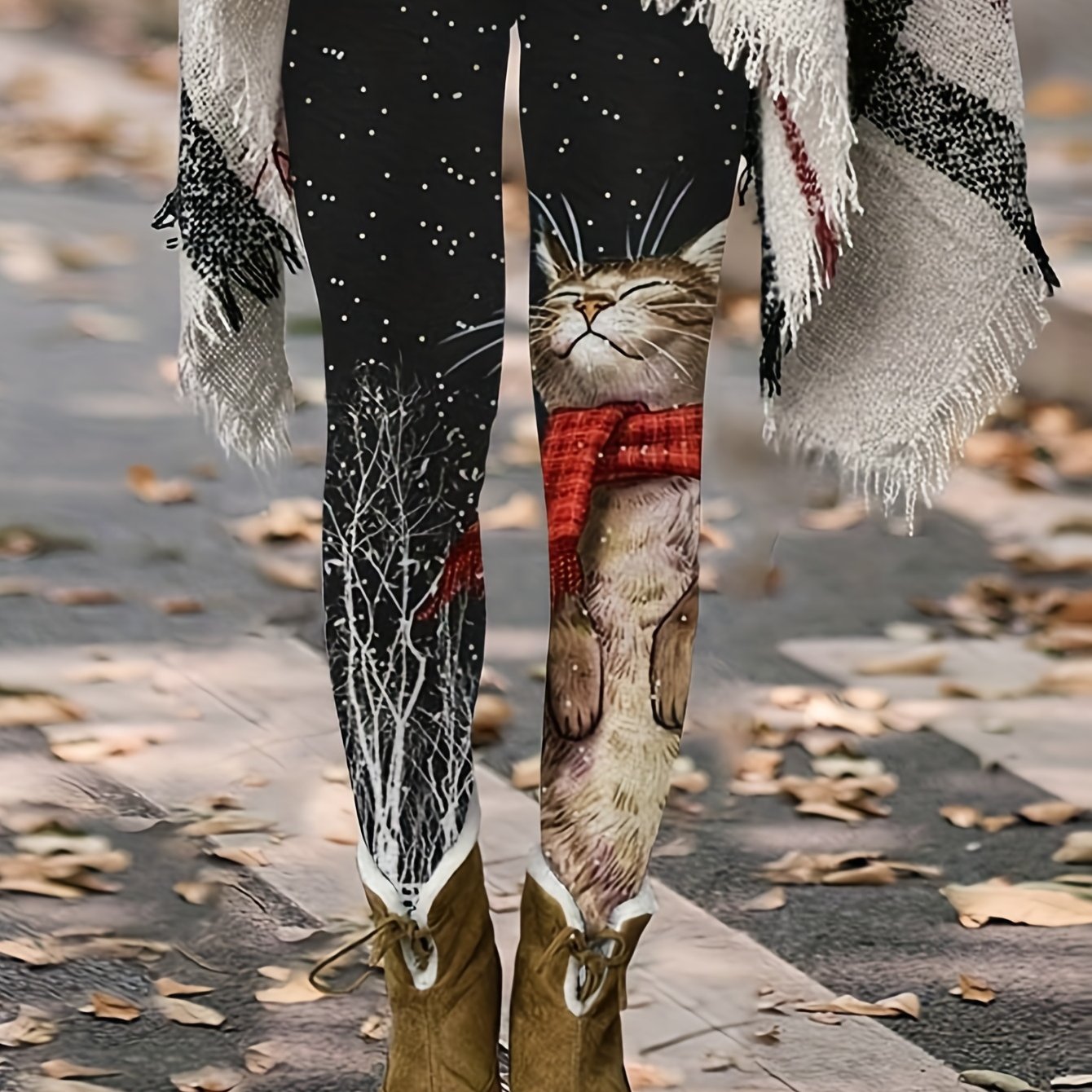 Cat Print High Waist Leggings Women's Clothing
