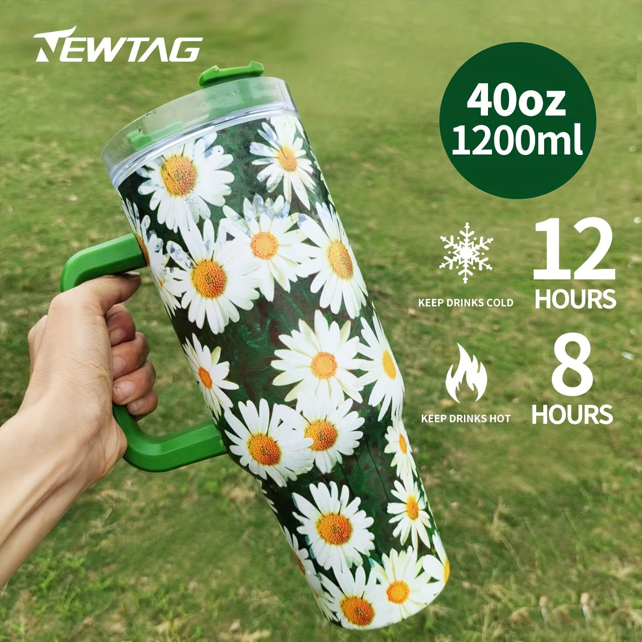 Insulated Stainless Steel Drink Cup with Handle and Straw Sunflower Daisy