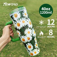 Insulated Stainless Steel Drink Cup with Handle and Straw Sunflower Daisy