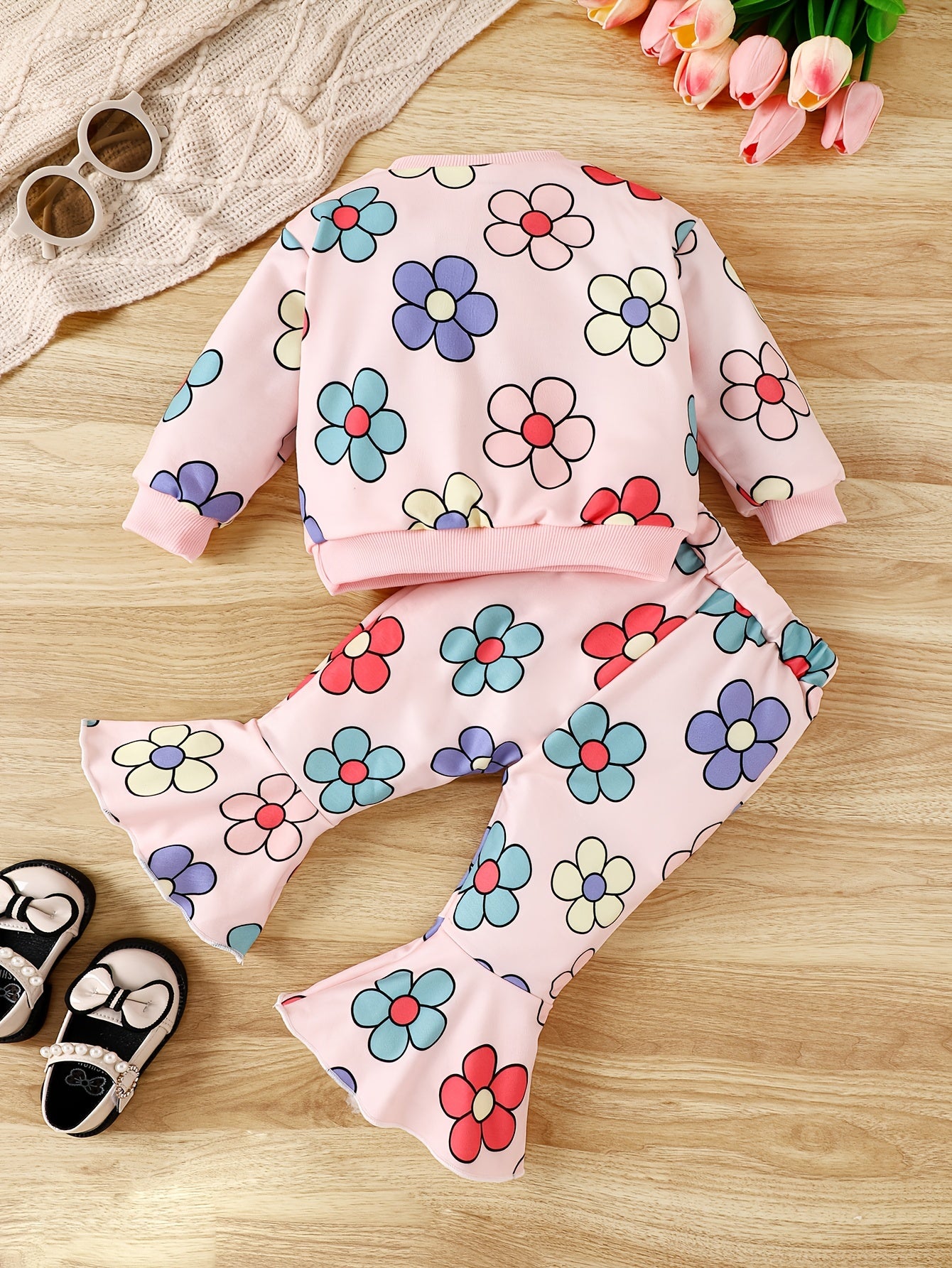 Baby Girls 2pcs Flower Graphic Ribbed Top Flared Pants Set