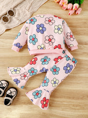 Baby Girls 2pcs Flower Graphic Ribbed Top Flared Pants Set