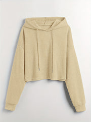 Solid Drawstring Crop Hoodie Long Sleeve Sweatshirt Women's Clothing