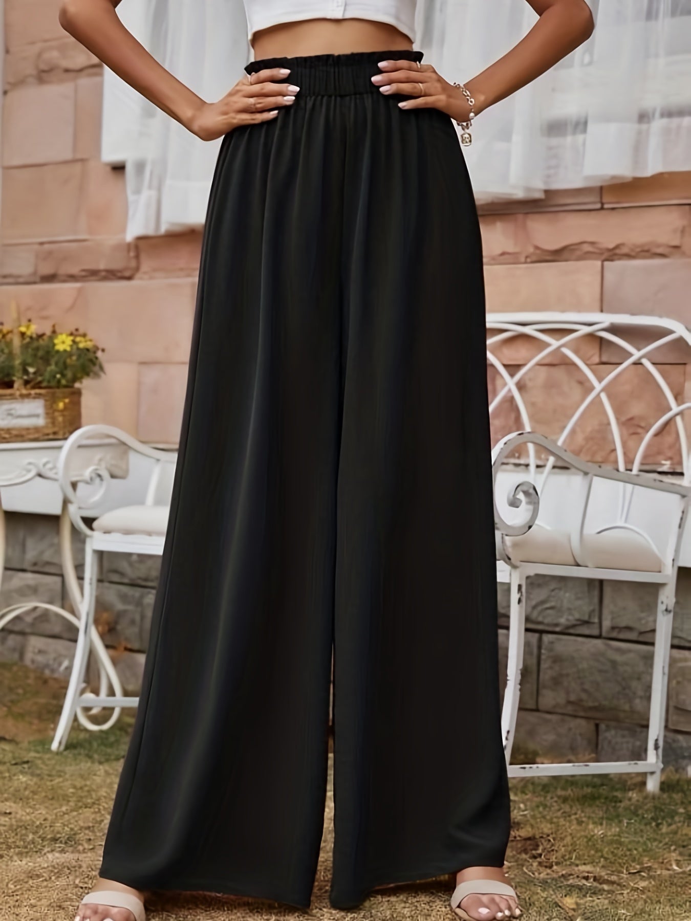 Draped Wide Leg Pants Paper Bag Waist Casual Pants